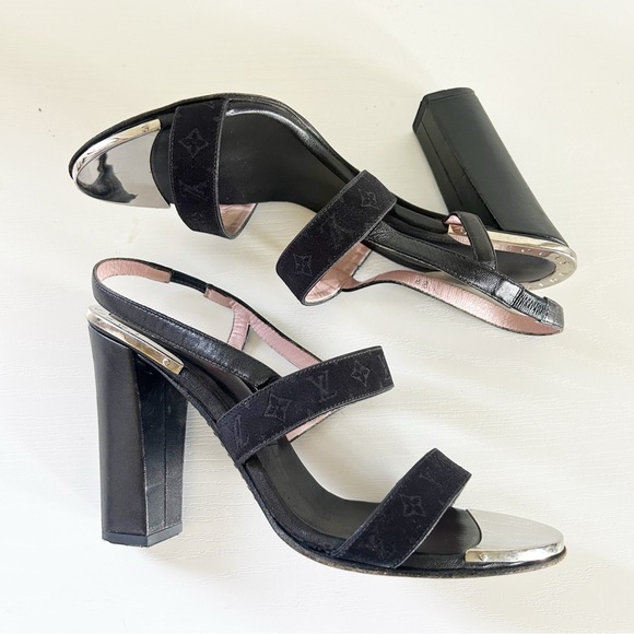 Louis Vuitton Black Monogram Satin Strappy Sandals Block Heels Size EU 38.5 - Picture 8 of 16